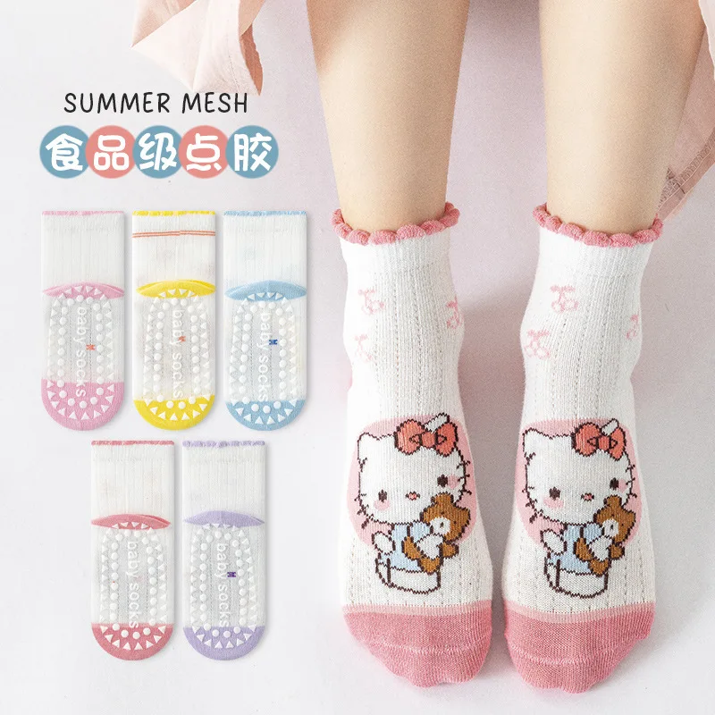 5 Pairs Of Cute Cartoon Sanrio Hello Kitty Kuromi Children Floor Socks Spring And Summer Non Slip Indoor Cooler Girls Socks Gift