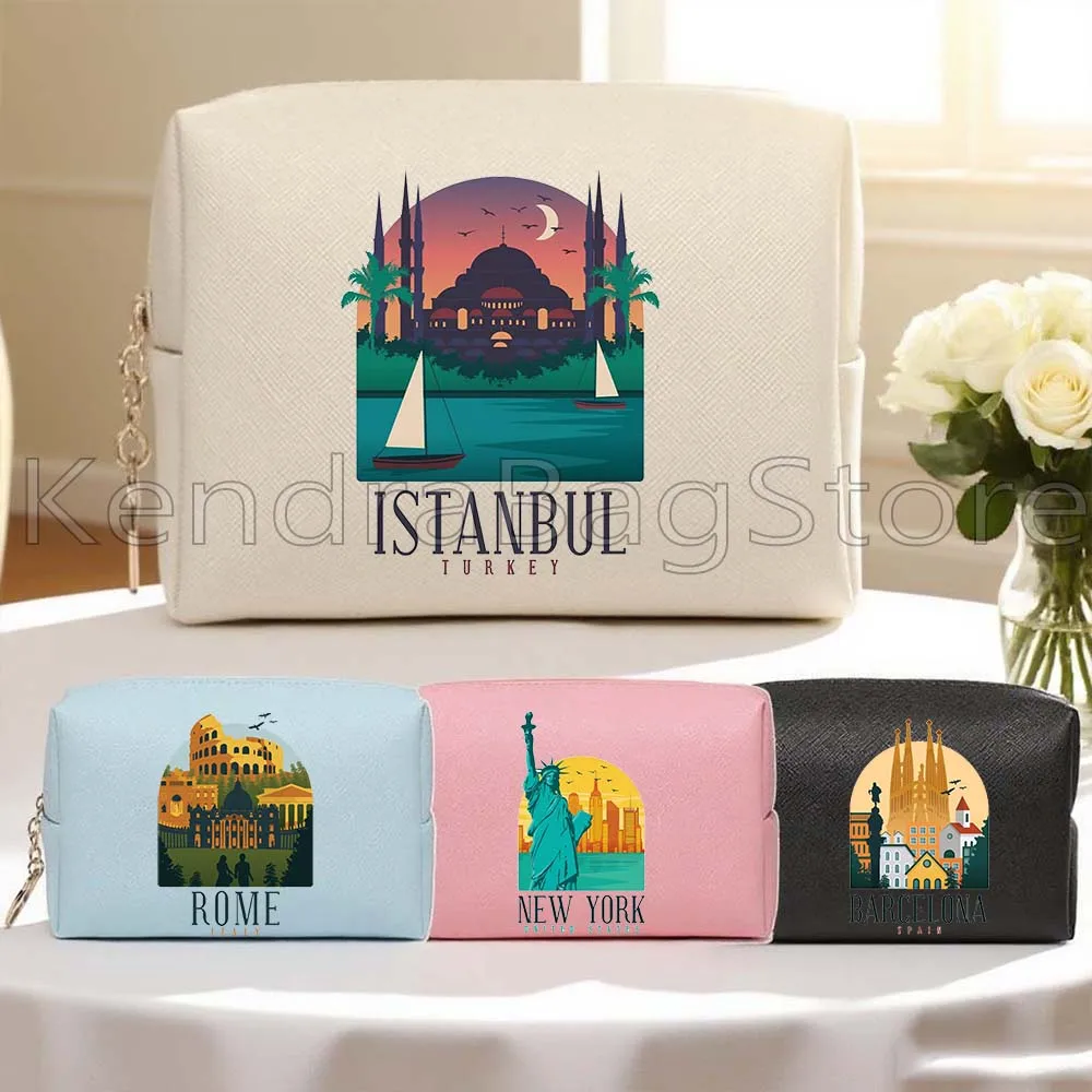 Nueva York París Londres Roma Tokio Venecia Berlín Barcelona Bolsa de cosméticos de viaje de cuero PU Estuche de maquillaje para mujer Bolsa de almacenamiento impermeable