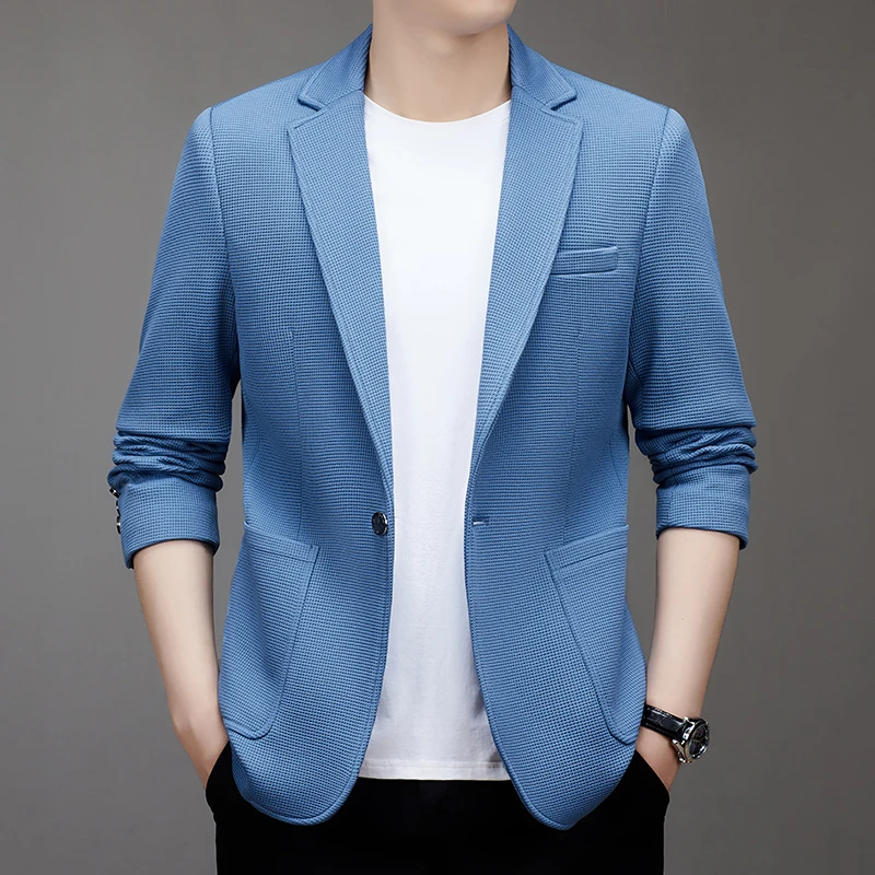 New men's suit jacket with non-stretch flat collar, waffle pattern, for business casual and fitted formal wear.