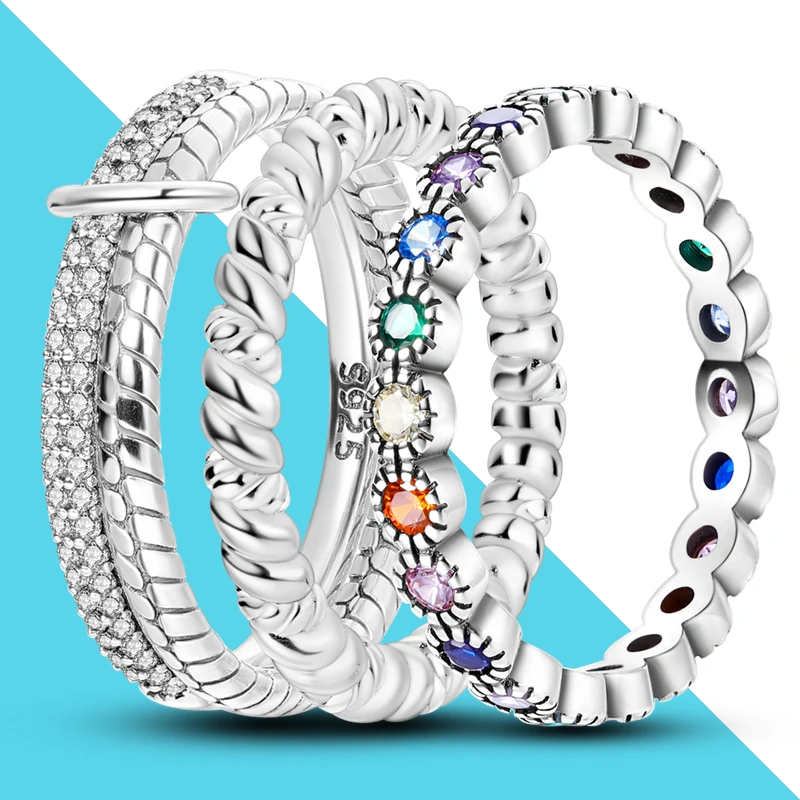 

New 925 Sterling Silver Colorful Zircon Rings For Women Fashion Twisted Stackable Finger Rings Original Fine Engagement Jewelry
