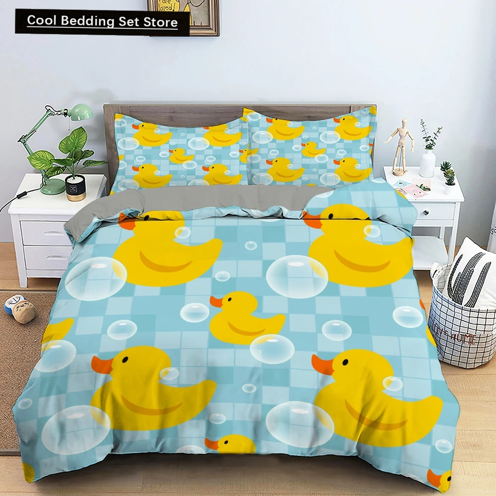 

Cartoon Yellow Duck King Queen Duvet Cover Farm Lovely Animal Bedding Set Blue Bubble Quilt Cover Soft Polyester Comforter Cover