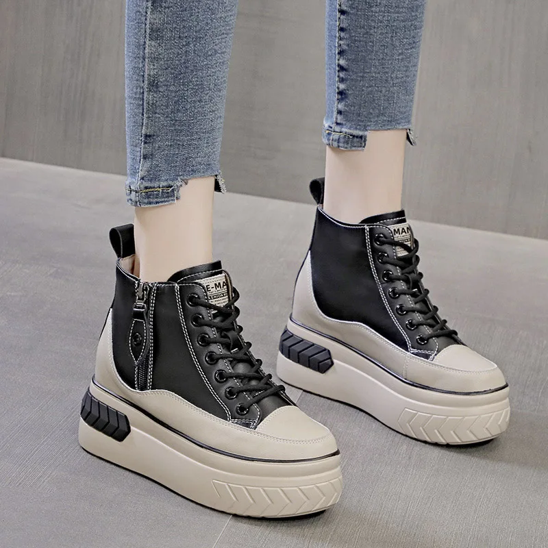 High Top Women Shoes Genuine leather 8cm Platform Boots Wedge Hidden Heel Zip Spring NEW Autumn Warm Fur Winter Shoes Sneakers