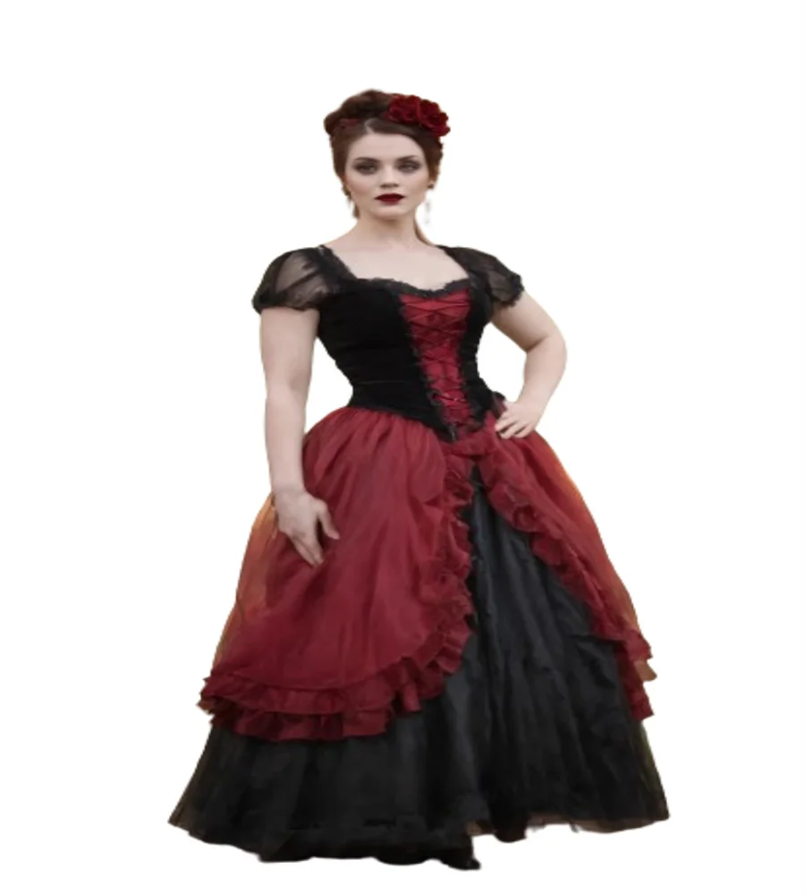 Victorian Gothic Medieval Wedding Dress Black With Red Colored Aesthetic Short Sleeve Ruffle Renaissance 1950s Bridal Customized