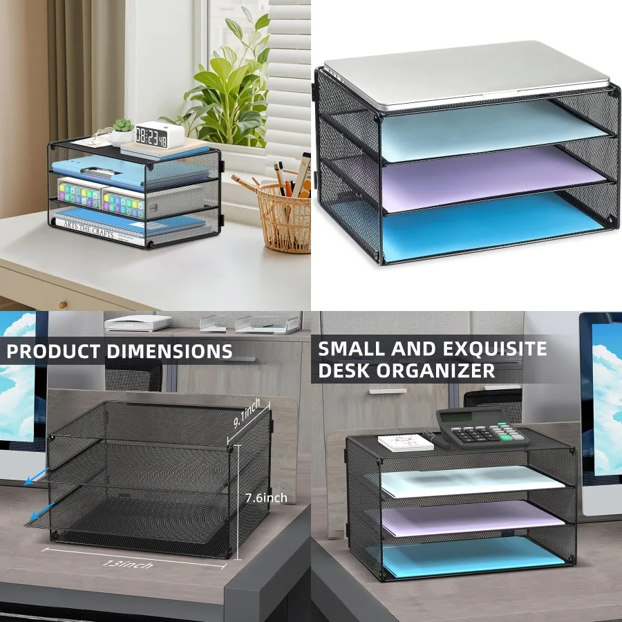 

3-х уровневый лоток для писем, органайзер для бумаги с сетчатым металлическим дизайном для эффективного хранения дома и офиса, черный цвет, компактный и St