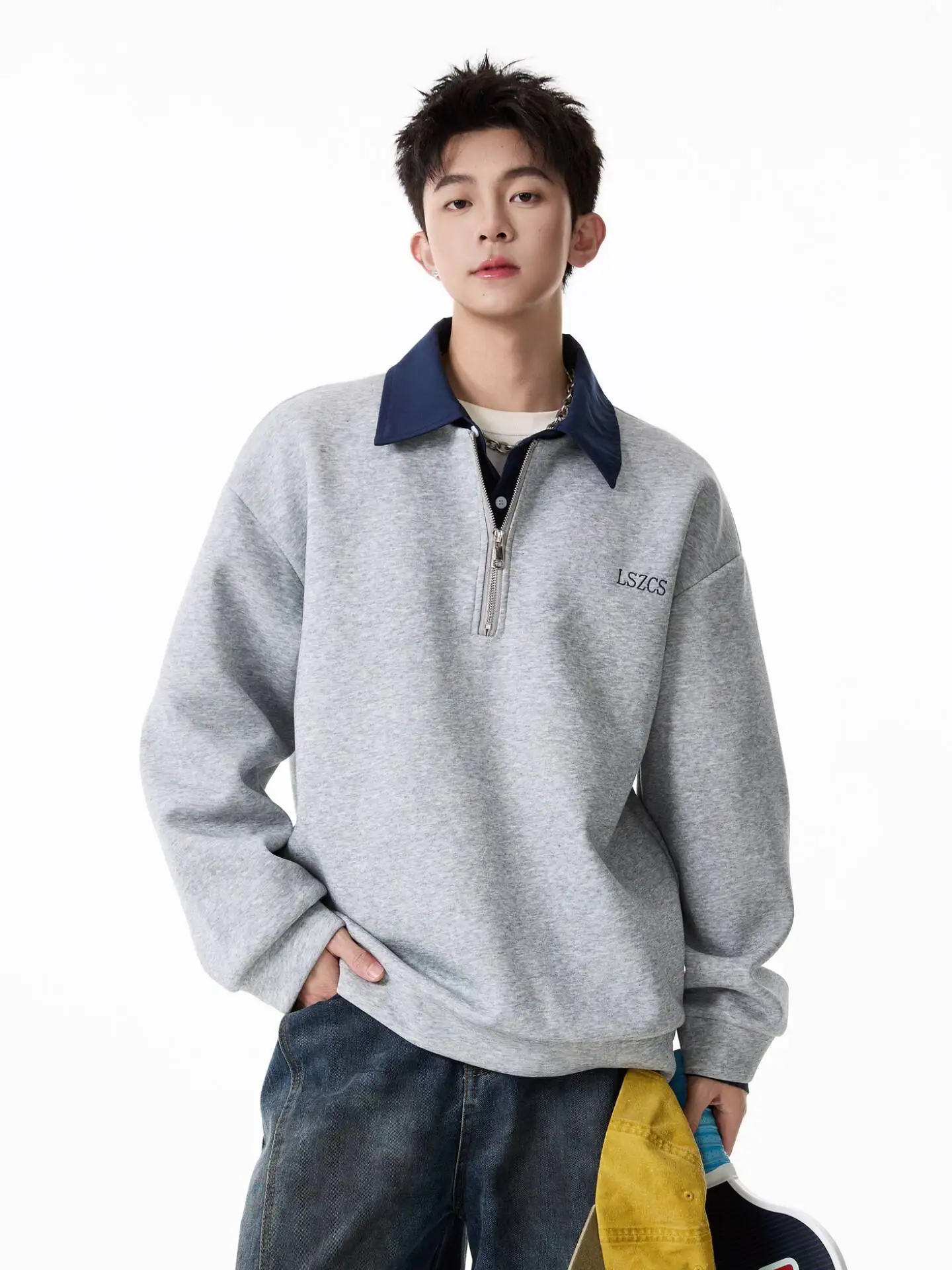 

Men's Sweater Vintage Color Block Fake Two Piece Long Sleeve Shirt Trendy Loose Versatile Half Zip Sweatshirt