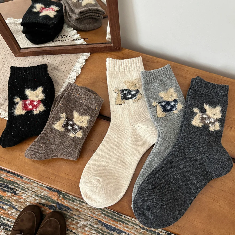 6 Pairs Wool Warm Socks Set Autumn Winter Mid-Calf Long Socks for Woman Warm Cute Cartoon Puppy Design Cotton Socks High Quality