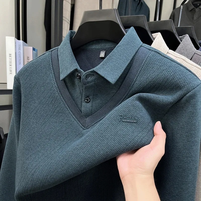 

High end brand letter embossed men's pullover business casual comfort luxury new trend personality fake two-piece lapel sweater