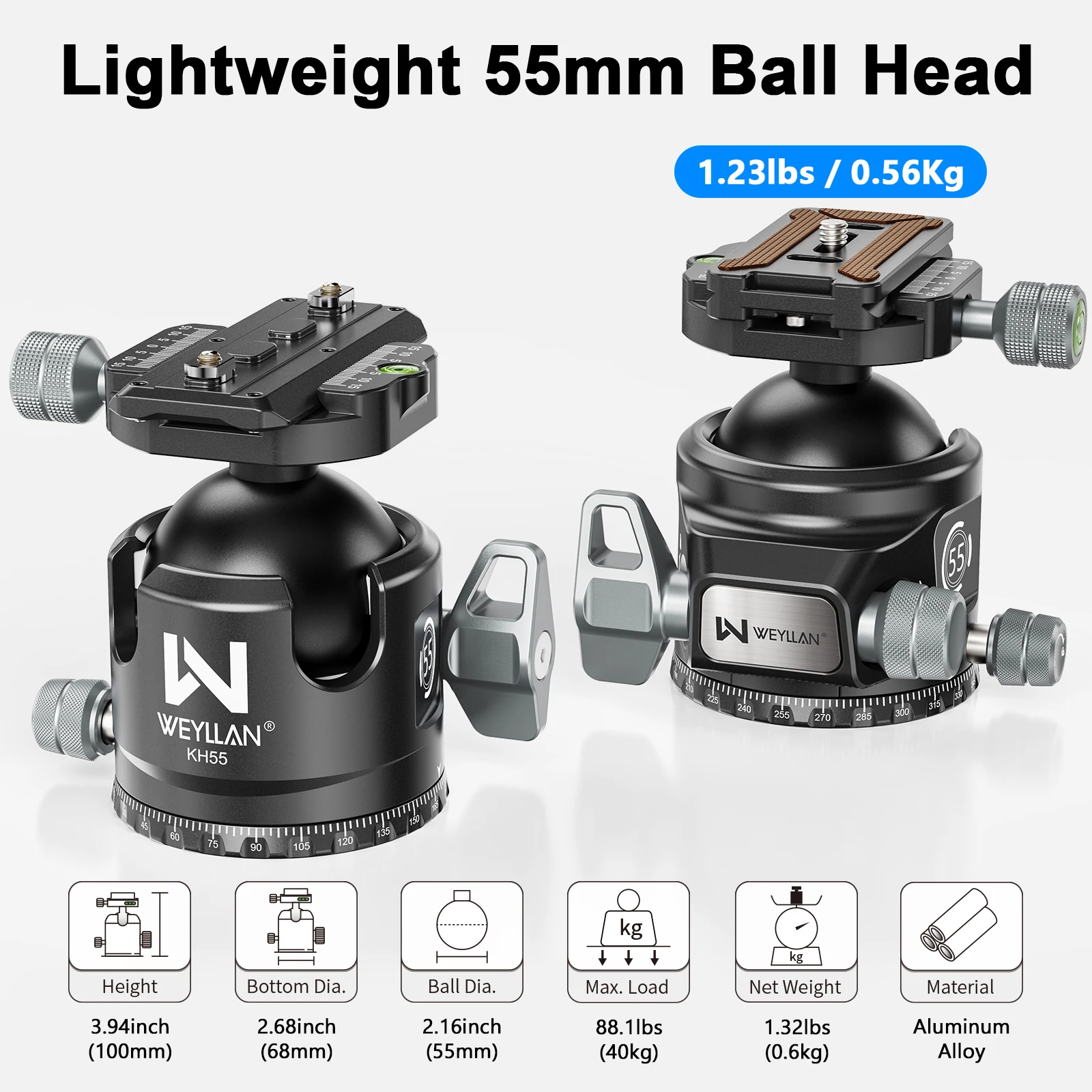 WEYLLAN KH55 كرة ثلاثية القوائم رئيس 55 مللي متر الثقيلة الكرة رئيس مع Mlok السكك الحديدية Arca السويسرية الإفراج السريع لوحة منصب الكاميرا تحميل 40 كجم