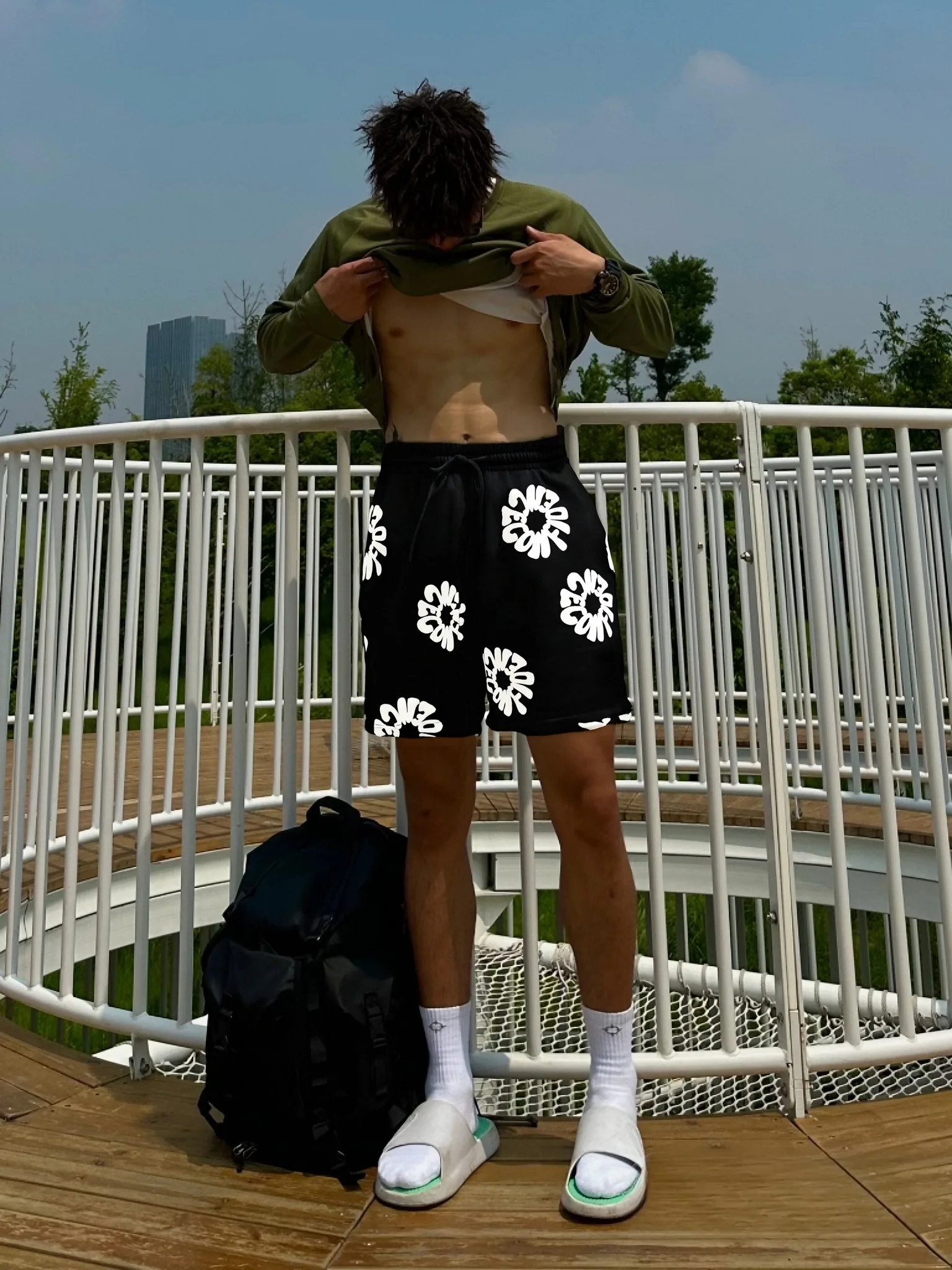 streetwear merk street hiphop foamprint losse vijf-inch korte broek voor heren, casual en veelzijdige shorts