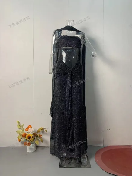 فستان نسائي جديد لعام 2025 أنيق غير منتظم مزين بالترتر بدون حمالات وأكمام شريطية