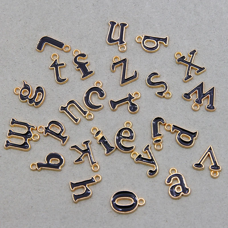 10pcs One-sided Flat Alloy Letter Charms Black Enamel Charms Alphabet Initial Letter Pendants for DIY Jewelry Making Wholesal