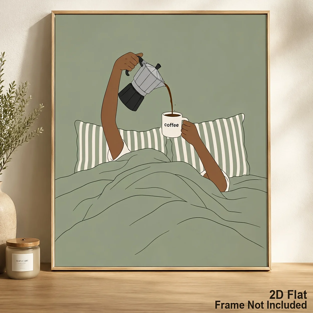 2D Flat, Minimal Boho Coffee Poster - Sage Green Moka Pot Line Art Print, Vertical Suitable for Bedroom, Kitchen & Coffee Noo