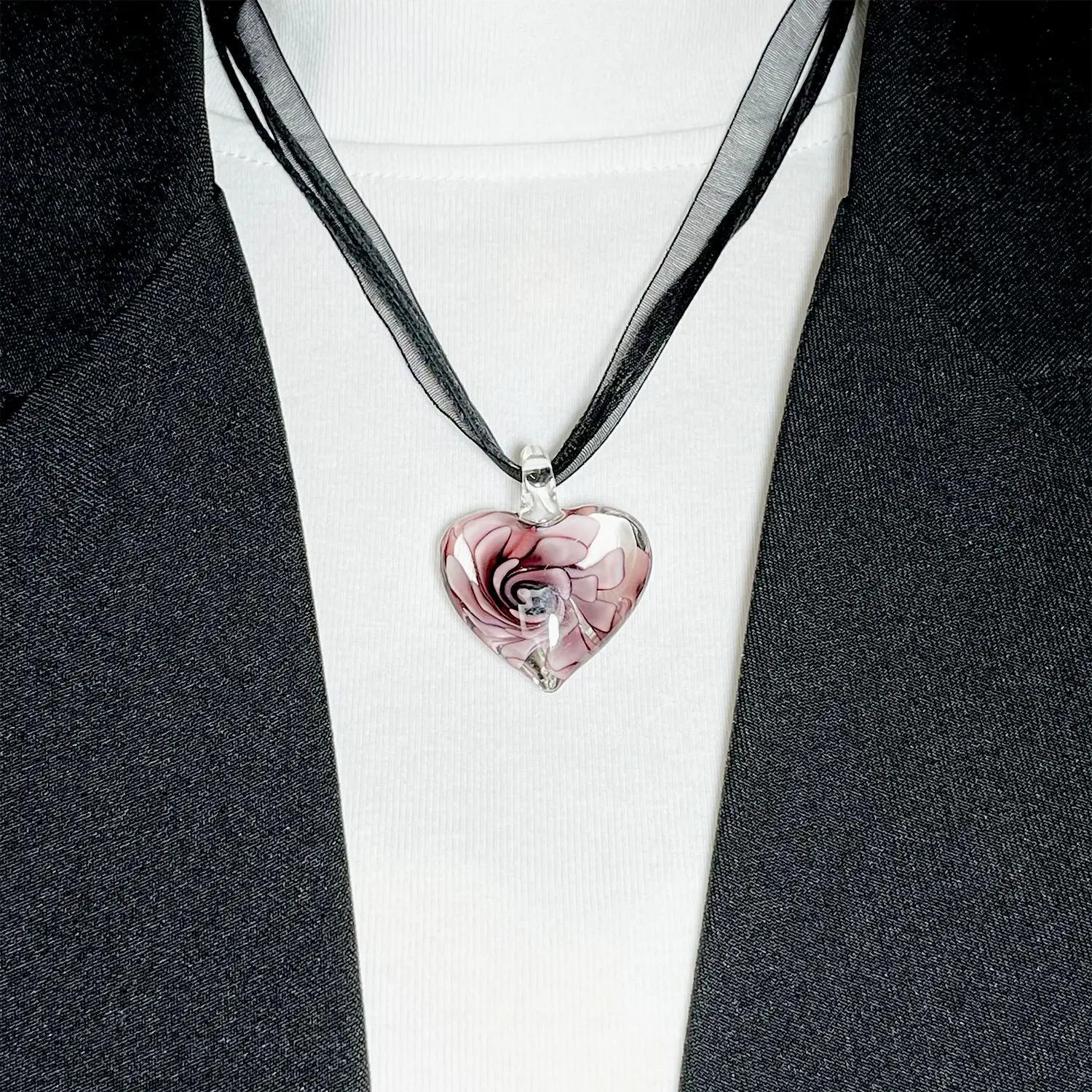 Kitykiss Women's Glass Flower Earrings Inlaid with Spiral Flower Heart Pendant Ribbon Necklace