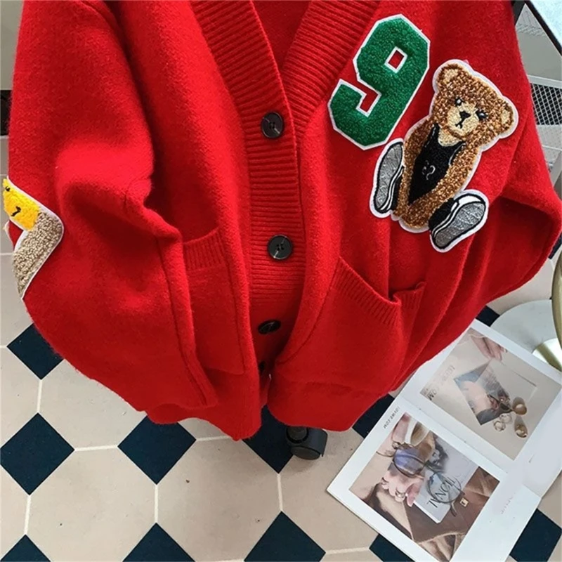 Button Down V-neck Cardigan Womens Casual Knitted Sweater Outwear Cartoon Coat Dropship