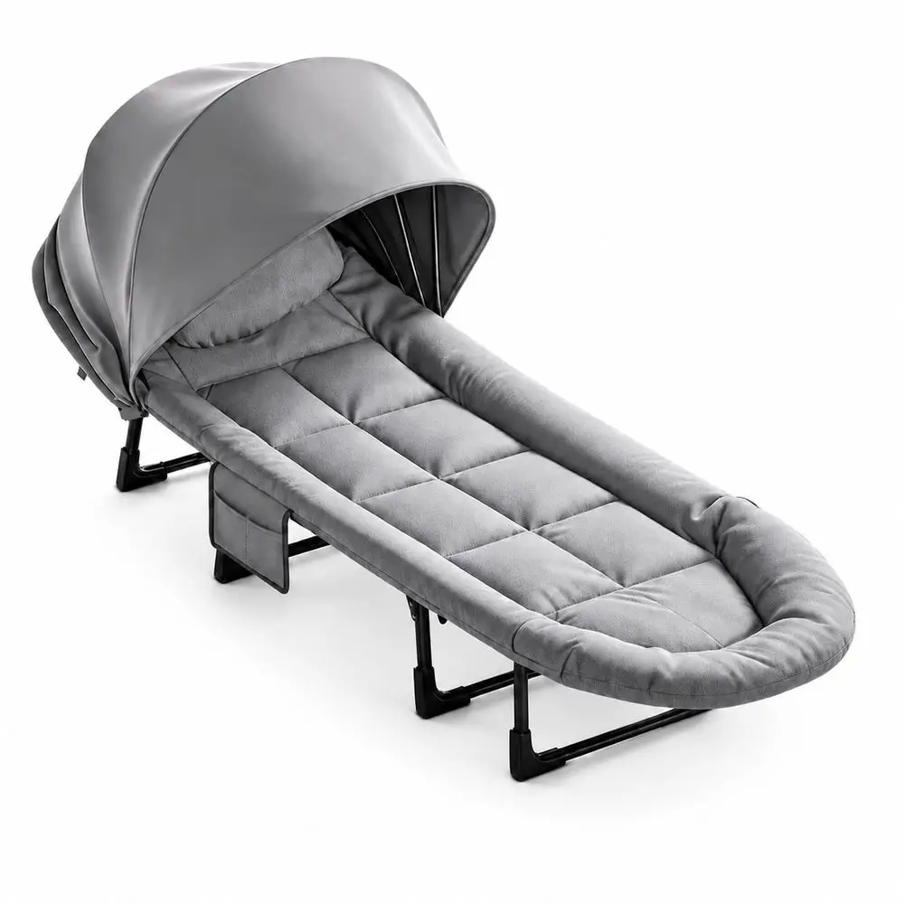 Inch Folding Outdoor Camping Lounge Bed With Sun Shade Canopy, Soft Padded Mattress BuiltIn Pillow, Portable Reclining Cot For