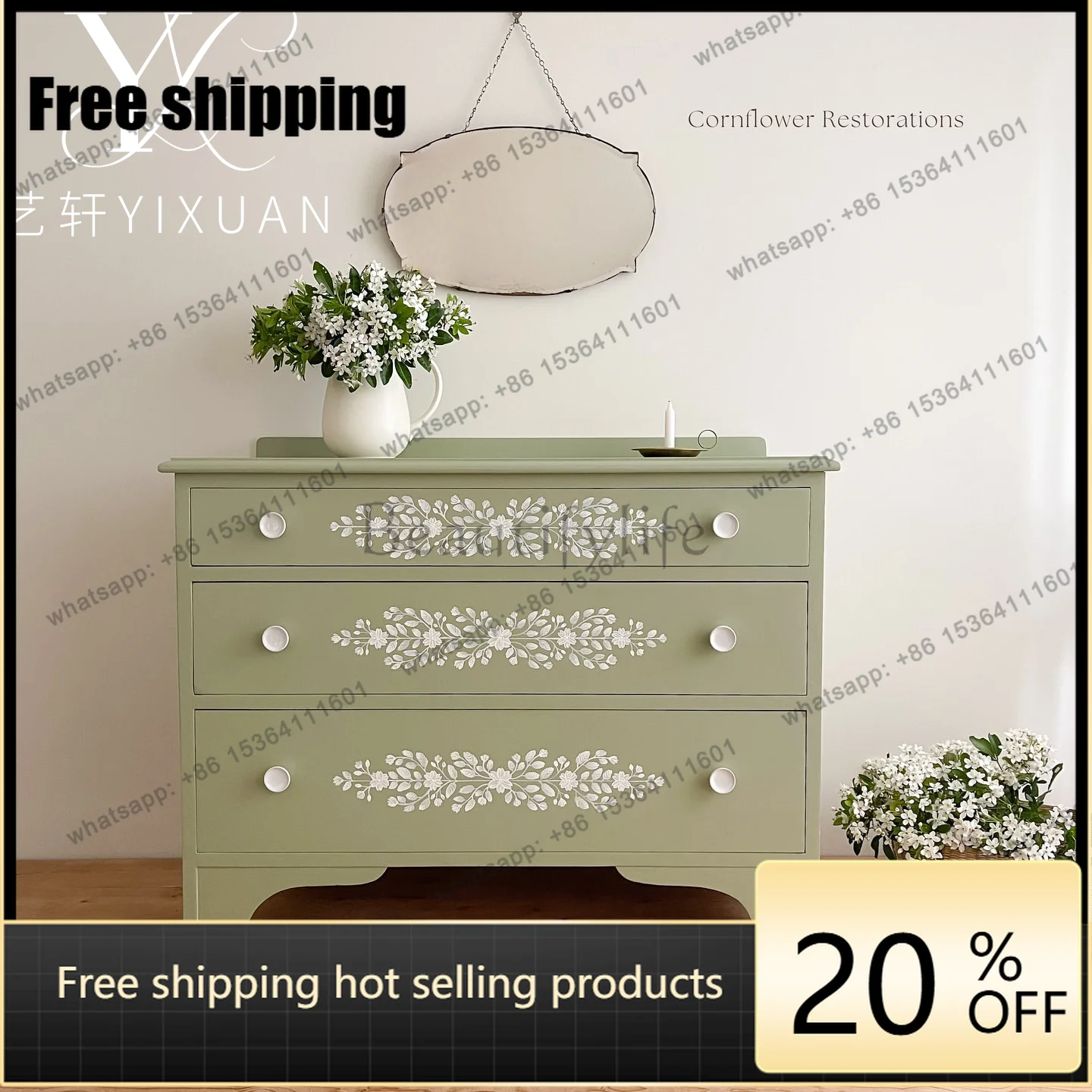 XX French simple retro green solid wood bucket cabinet American hand-painted living room dining room locker