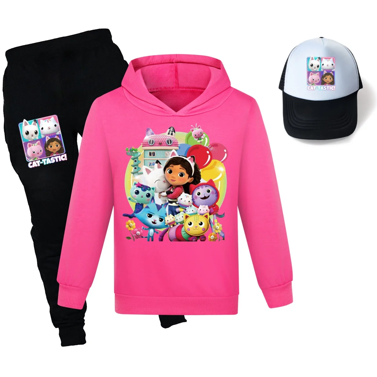 Conjunto de ropa de dibujos animados de Gabby Doolhouse para niños, ropa de Chat de Gabi para niñas, Sudadera con capucha + Pantalones de Jogging y sombrero para el sol, trajes de 3 piezas, primavera y otoño