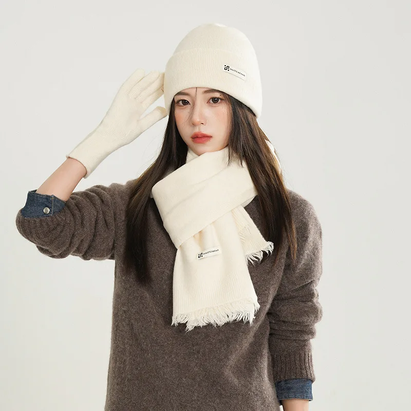 3pcs set winter beanies hats scarf gloves for women knitted beige white winter hat long scarf thickened