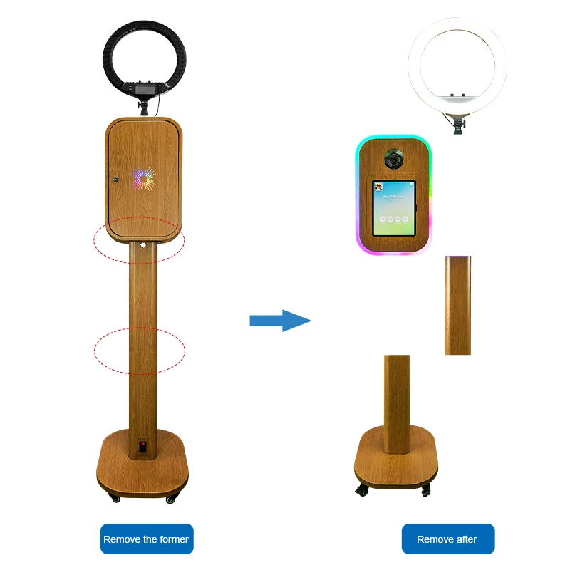 Selfie professional photographer, wooden, digital SLR camera photo booth