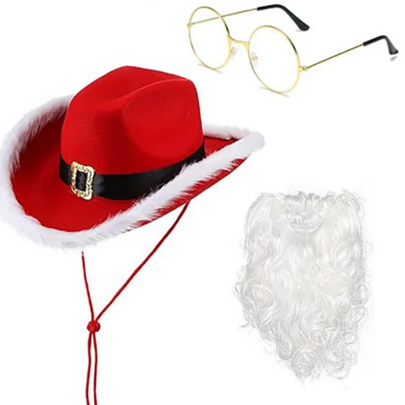 クリスマス帽子赤いカウボーイ白ひげメガネベルト手袋セット男性女性パーティーステージパフォーマンスコスプレ装飾