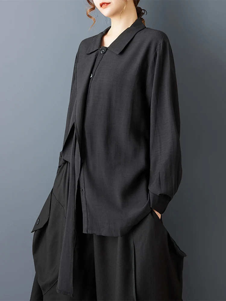 2026 ربيع الخريف جديد أسود خمر المرقعة الشريط المتضخم قميص المرأة طويلة الأكمام فضفاضة بلوزة غير رسمية قمة ملابس عصرية