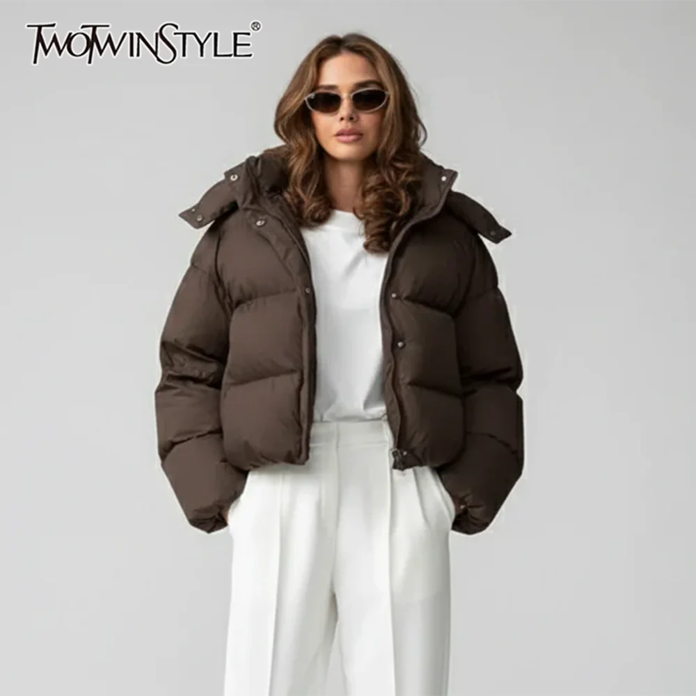 

TWOTWINSTYLE Solid Loose Spliced Zipper Basics Parkas for Women Hooded Collar Long Sleeves Versatile Short Parka Female Winter