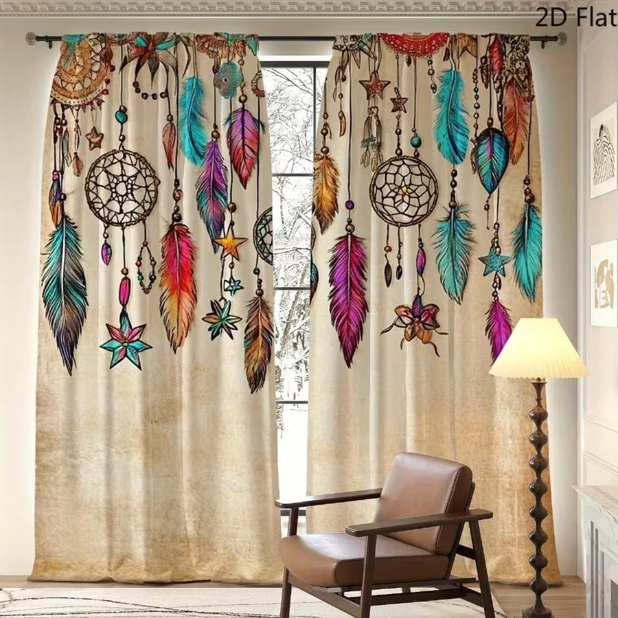 2-Piece Bohemian Printed Curtain Feather Pendant Non-Blackout Polyester Panel with Pole Pocket Design for Home Decor