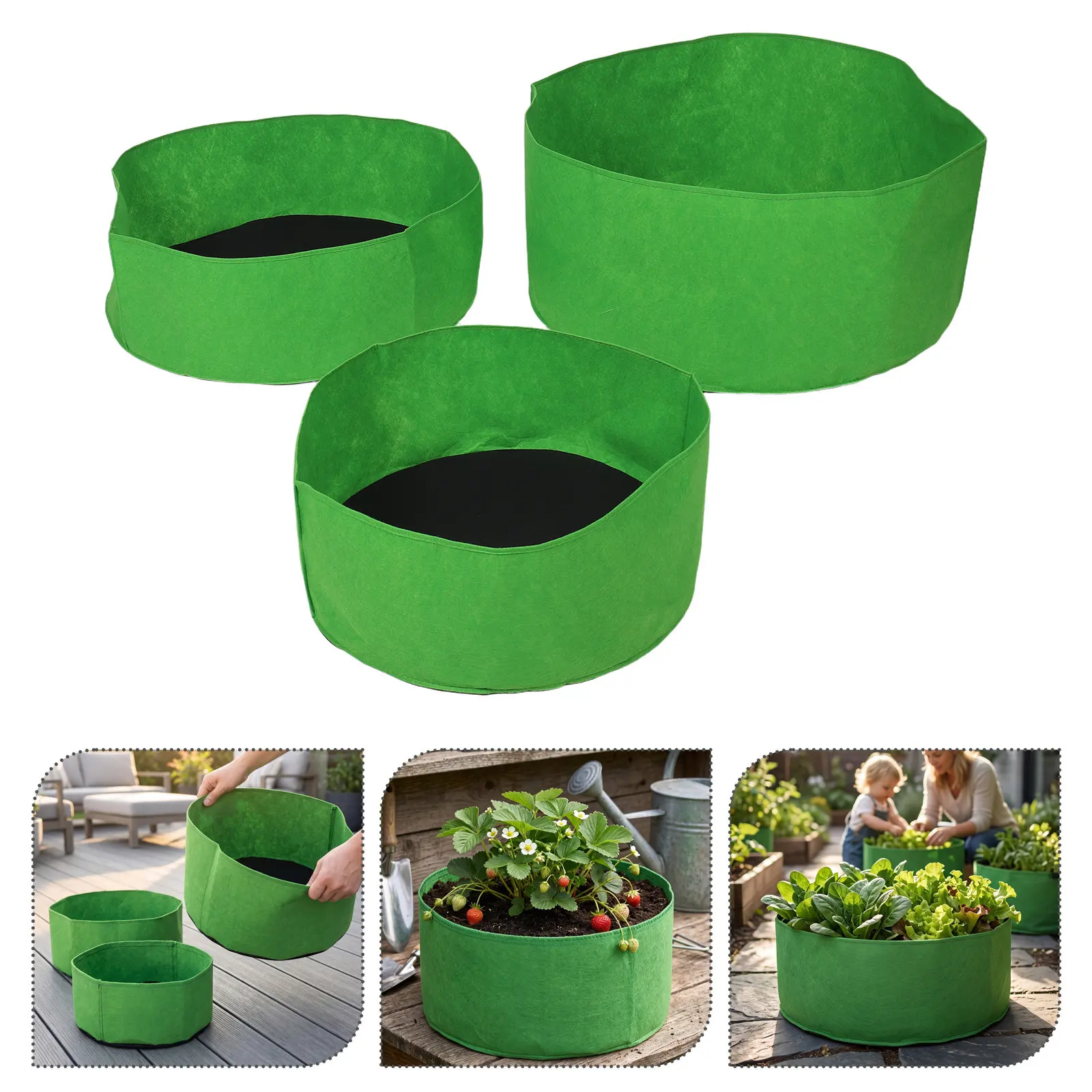 3Pcs Breathable Garden Grow Bags Non-Woven Fabric Stackable Planter Bags Space Saving Round Planting Container for Vegetables