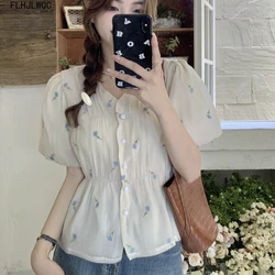 Cute Chic Peplum Tops Women Summer Korea Japan Style Design Slim Waist V Neck Short Flower Shirts Blouses Vintage