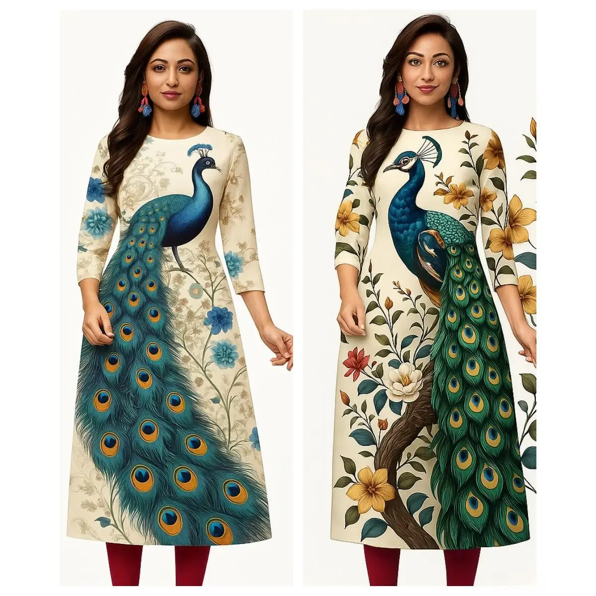 Kurt moda donna comoda manica lunga dritta casual girocollo etnico modello pavone nuovo vestito.2026