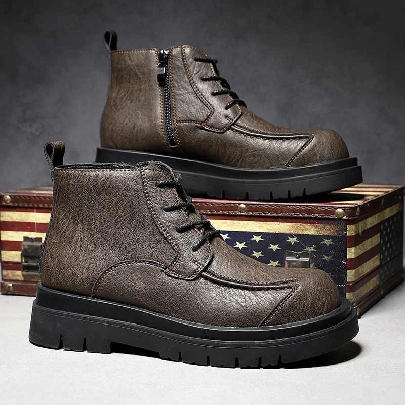 

Genuine Leather Mens Boots Thick Platform Workwear Boots Side Zipper Casual Business Shoes Outdoor Height Increasing Footwear