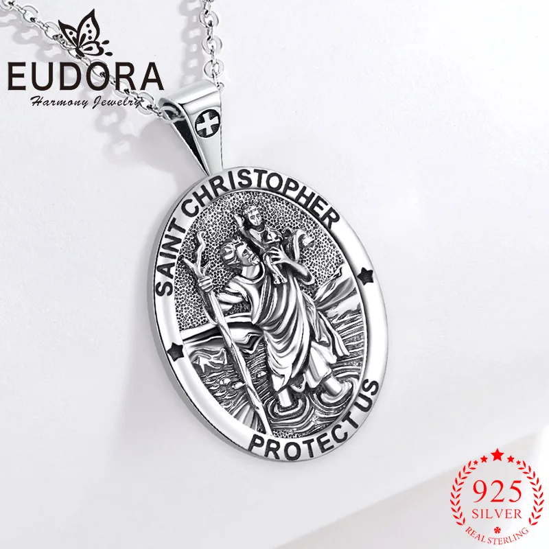 Eudora 925 Sterling Silver St Christopher Necklace Cross Amulet Religious Pendant Vintage Medallion Jewelry Gift For Men Women