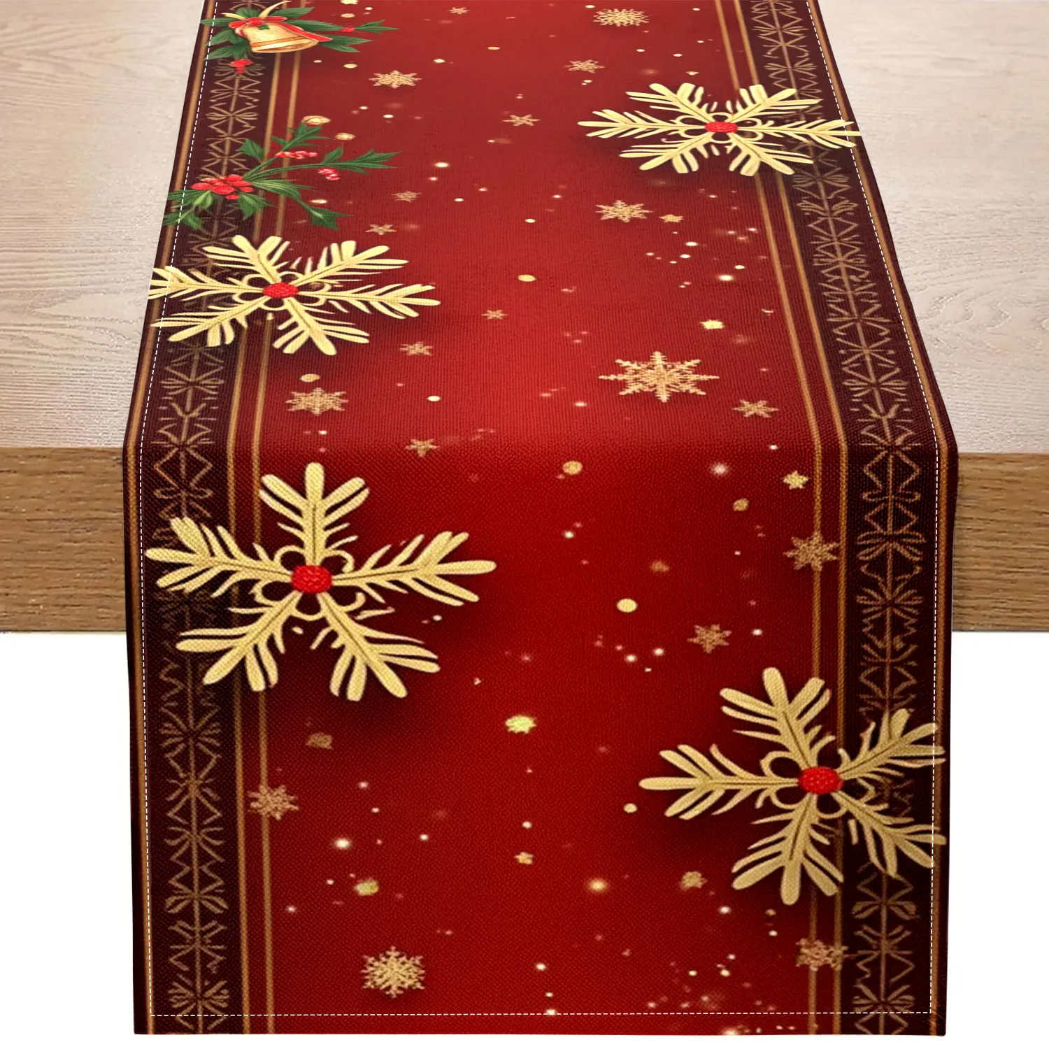 1 Piece of Christmas-Themed Table Runner with Patterns Such as Snowflakes, Bells, and Berries, Suitable for Christmas Family Dinners and Holiday Party Decorations