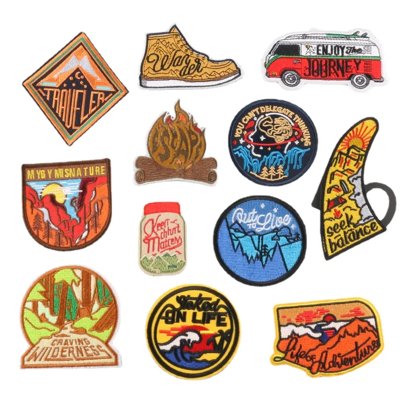 30pcs/Lot Vintage Bus Fun Embroidery Patch Camp Travel River Mount Flame Wild Nature  Clothing Decoration Accessory Craft Diy