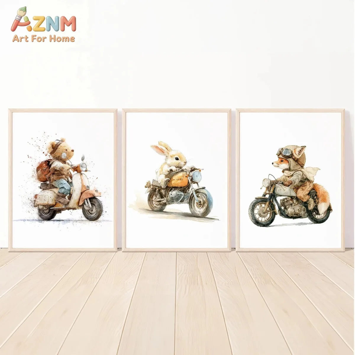 AZNM Modern Animal Motorcycle Poster Print Cartoon Rabbit Bear Fox Frameless Canvas Art Kids' Room Nursery Home Decor Gift
