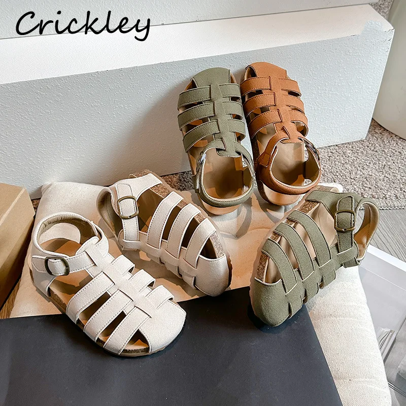 

New Solid PU Boys Girls Summer Sandals Hook Loop Soft Sole Kids Cork Sandals Non Slip Designer Children Gladiator Shoes