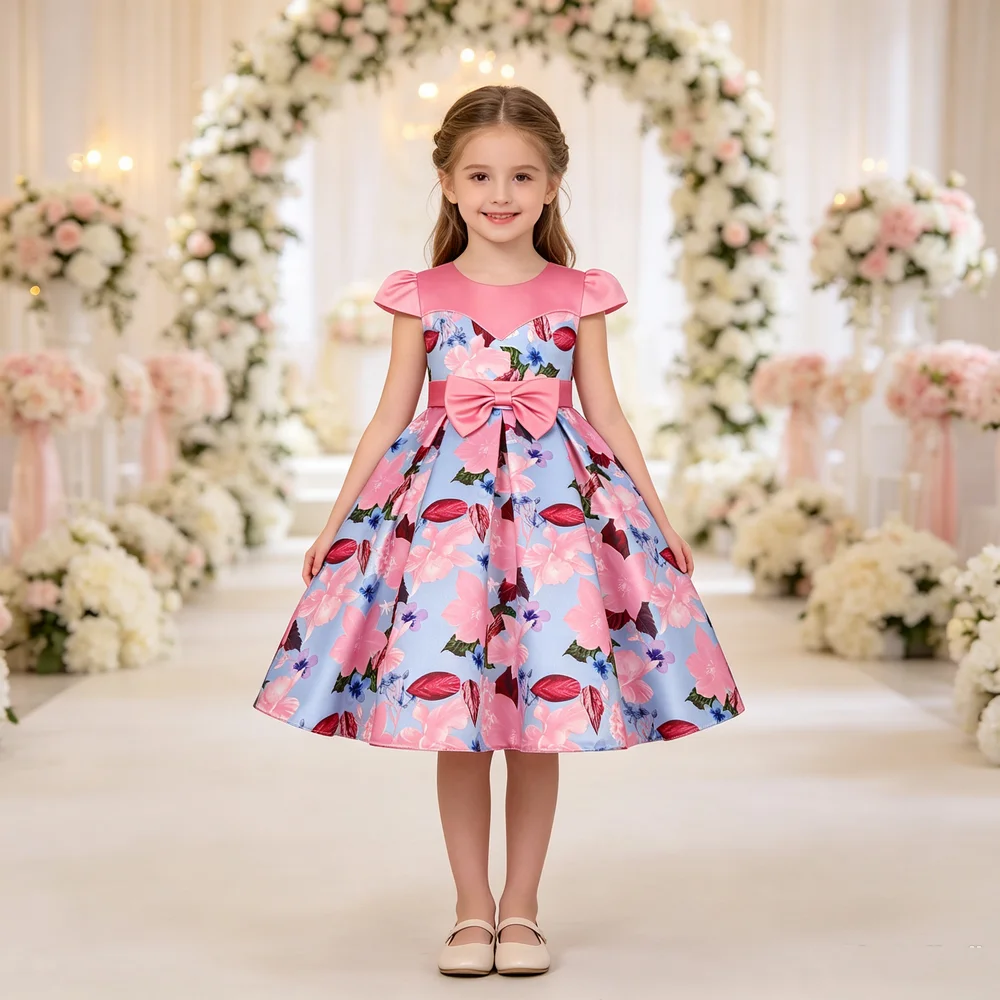 Cross-border New Children's Dresses Bow Print Princess Pouf Dress Skirt Small Host Walk Evening Gowns