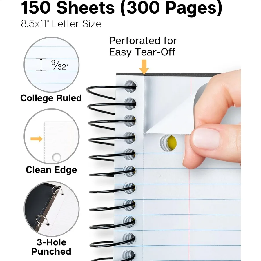 Quaderno a 3 soggetti College a righe 8,5 x 11 Nero 150 fogli (300 pagine) Quaderno a spirale 8,5x11 con linguette Divisori mobili Conservazione