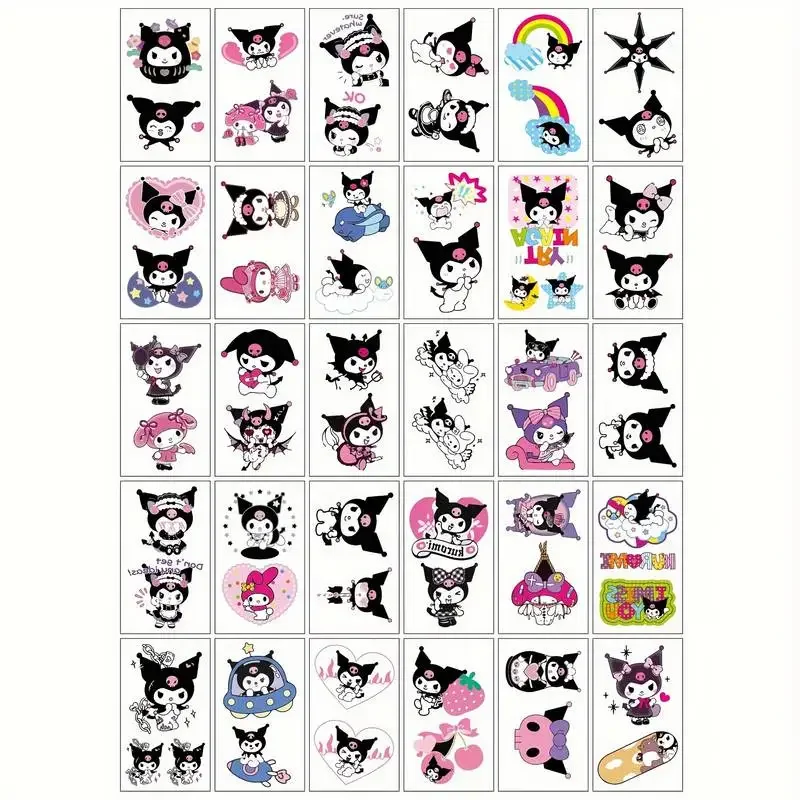 Tatuajes temporales de Hello Kitty Kuromi, tatuajes impermeables de Anime lindo, Sanrio, pegatina de tatuaje Kawaii de Color duradero, regalos