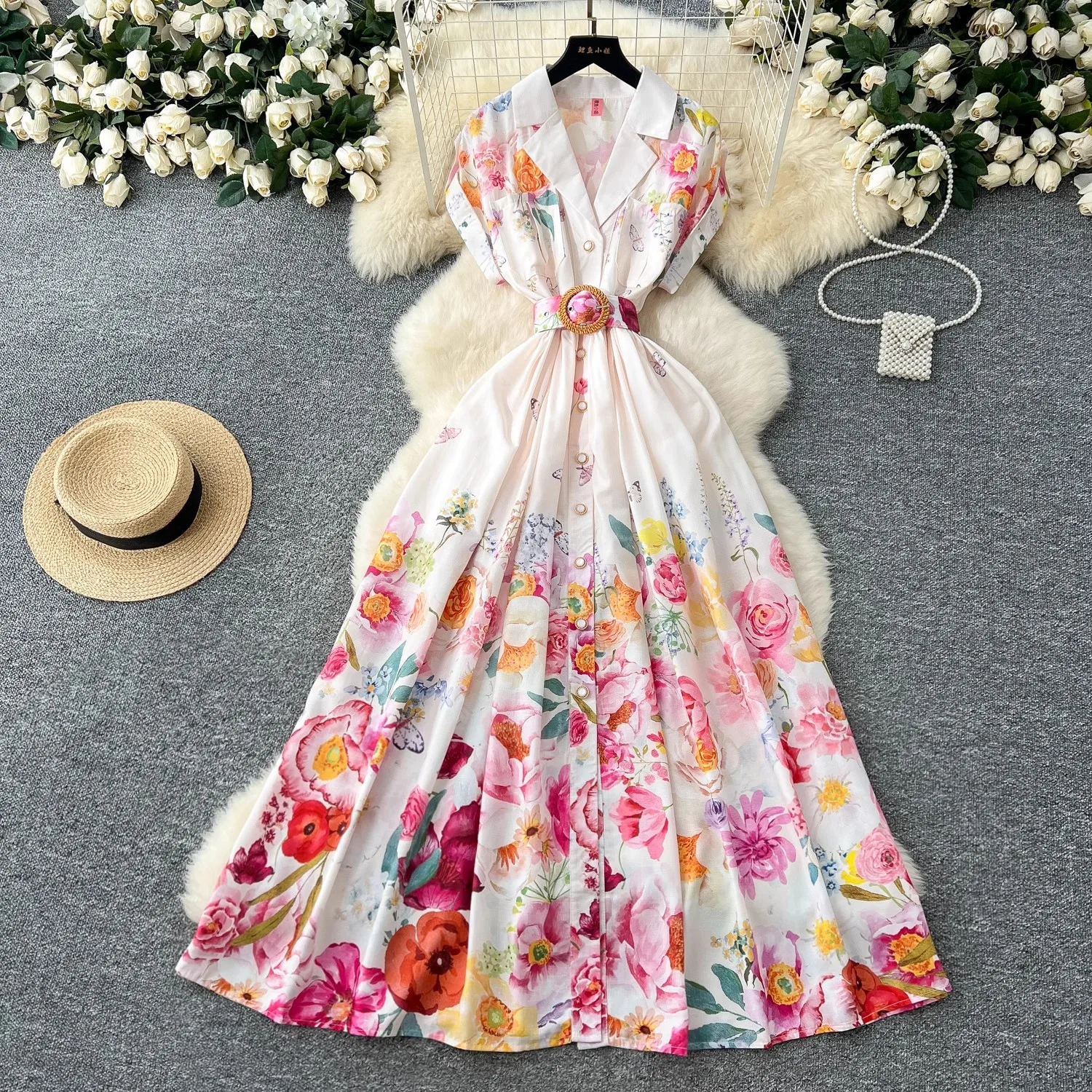 

Elegant Holiday Gorgeous Flower Evening Dresses Women Notched Vintage Print Belt Long Party Dress Female Casual Holiday Clothing