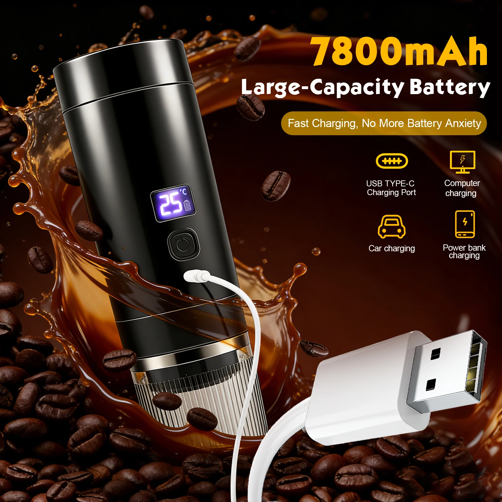Cafetera Portátil 3 en 1 de 20 Bares - Calentamiento Inalámbrico, Recargable por USB-C, Pantalla Digital, Compatible con Cápsulas