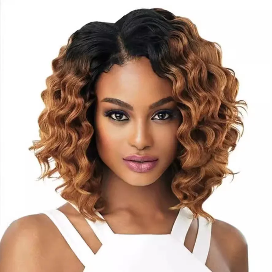 Black gradient brown wig European and American wig women's short curly hair diagonal bangs rose net chemical fiber head cover