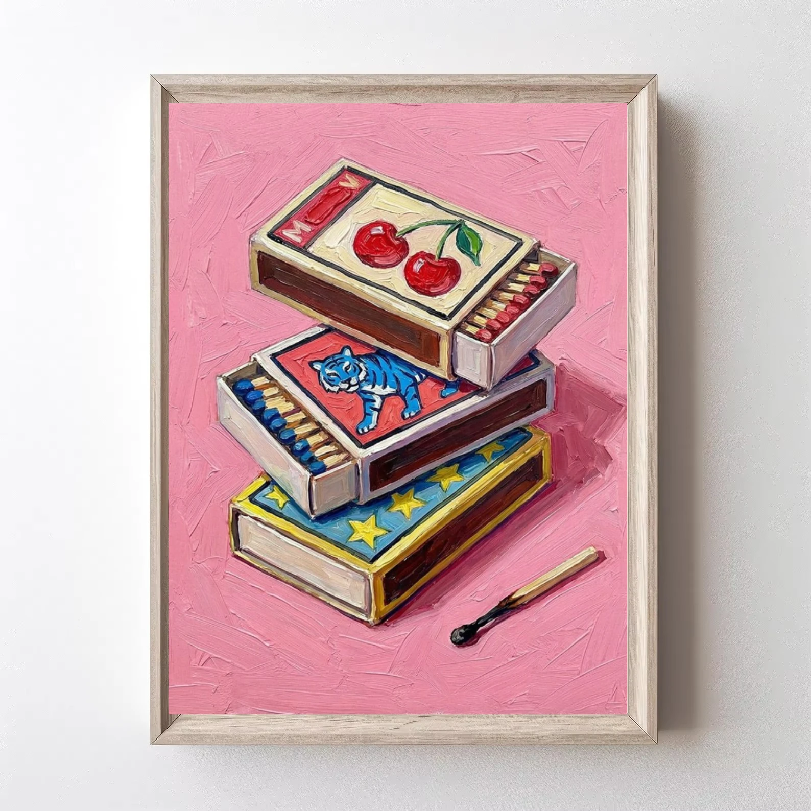 Oil Painting By Number DIY Retro Cherry Tiger Matchbox Wall Decor for Game Room or Living Room Gift Frameless