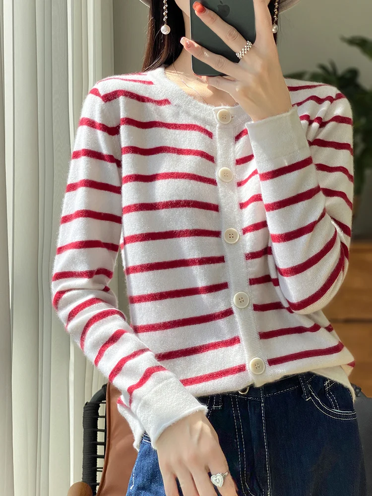 New Chic Long Sleeve O-Neck Cardigan Women Sweater  High Quality 100% Merino Wool Stripes Knitwear Spring Autumn Women Clothing