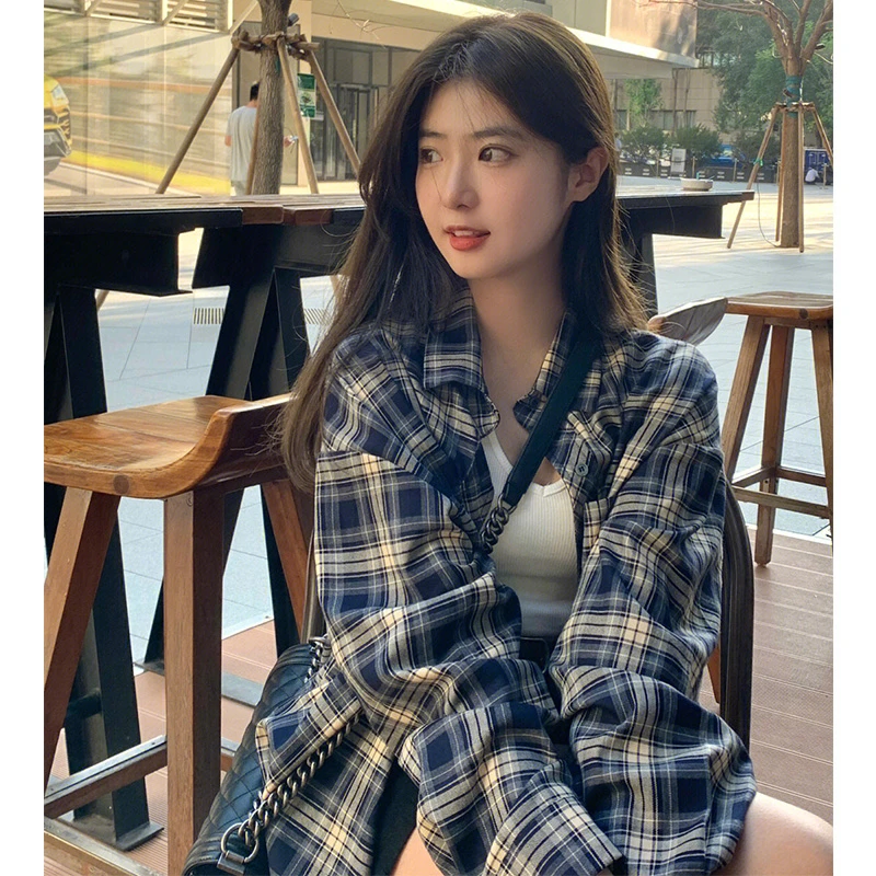 

Vintage Plaid Spring Jackets Women Single Breasted Shirts Long Sleeve Casual Loose Harajuku Outwear Thin Clothes Pocket Blue