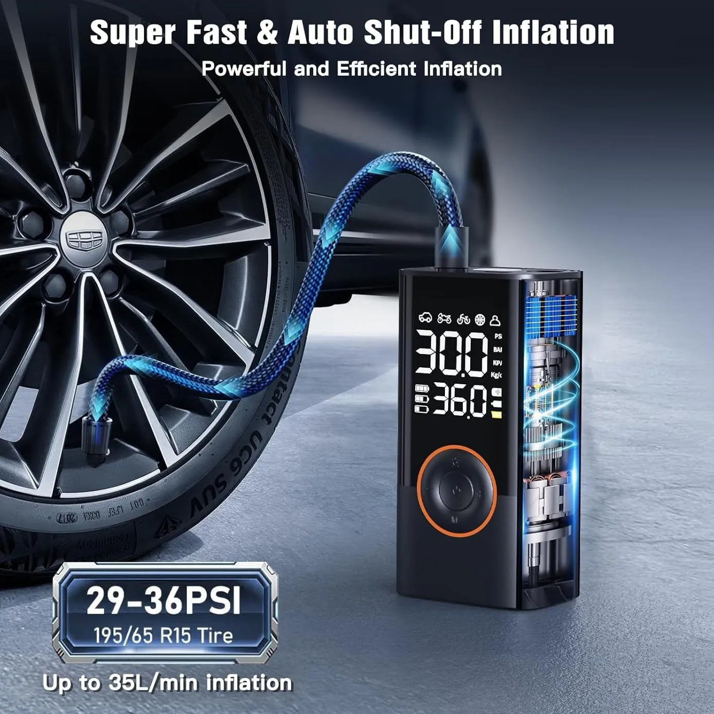 Utility Rechargeable Wireless Smart Air Pump, Portable Electric Tire Inflator Compatible With Off-Road Cars Bikes Motorcycles