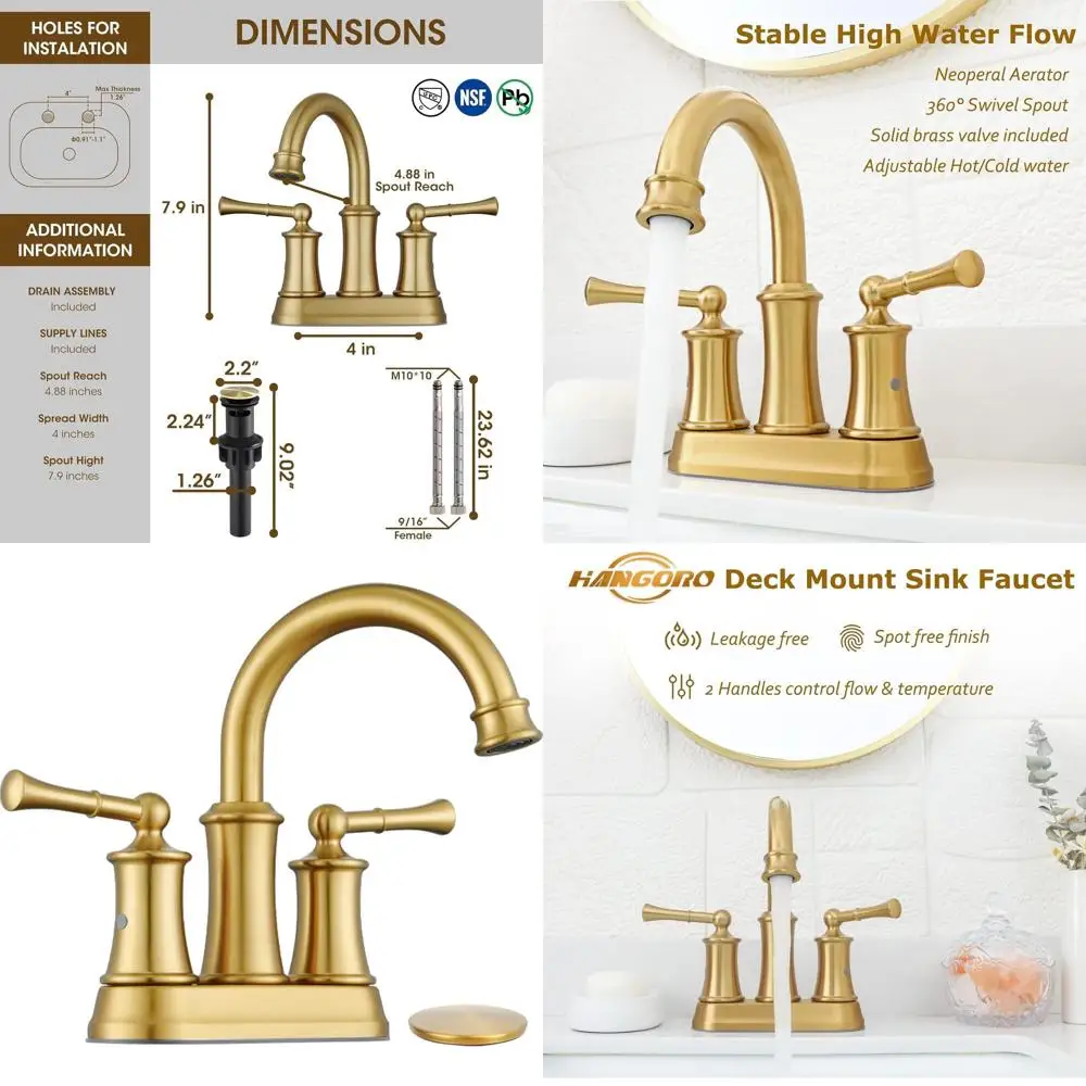 

Смеситель для ванной комнаты с двумя ручками, 4-дюймовое крепление, матовое золото, с выдвижным сливом, для раковины и умывальника