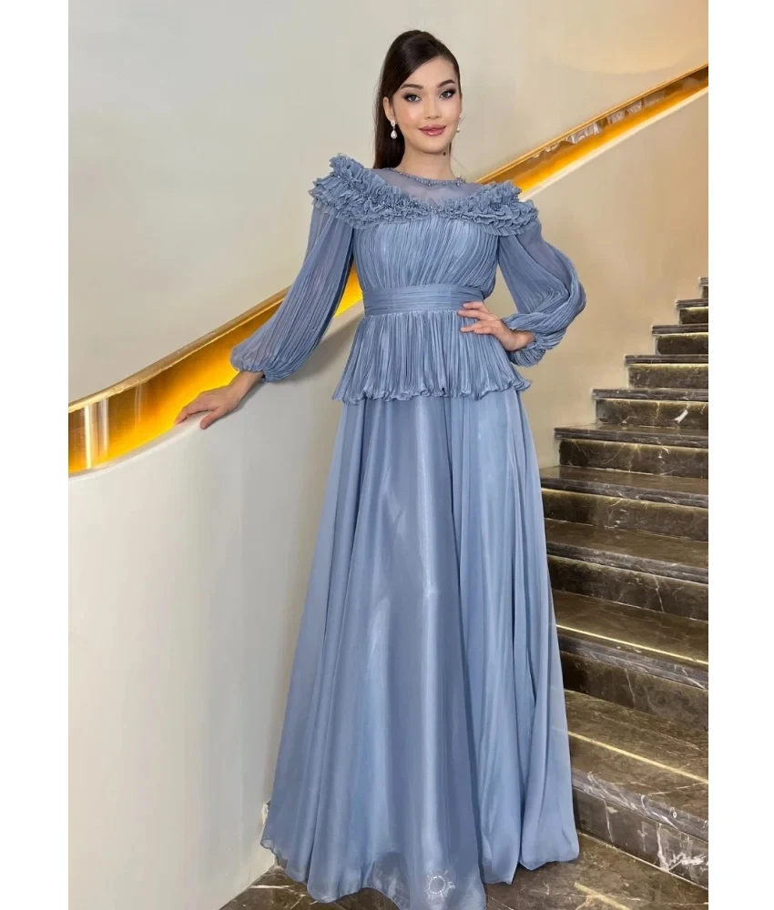 

Customized Graceful Chiffon A-Line Sequined Beading Crystal Ruffles Evening Dress Delicate Long Sleeves O-neck prom dresses