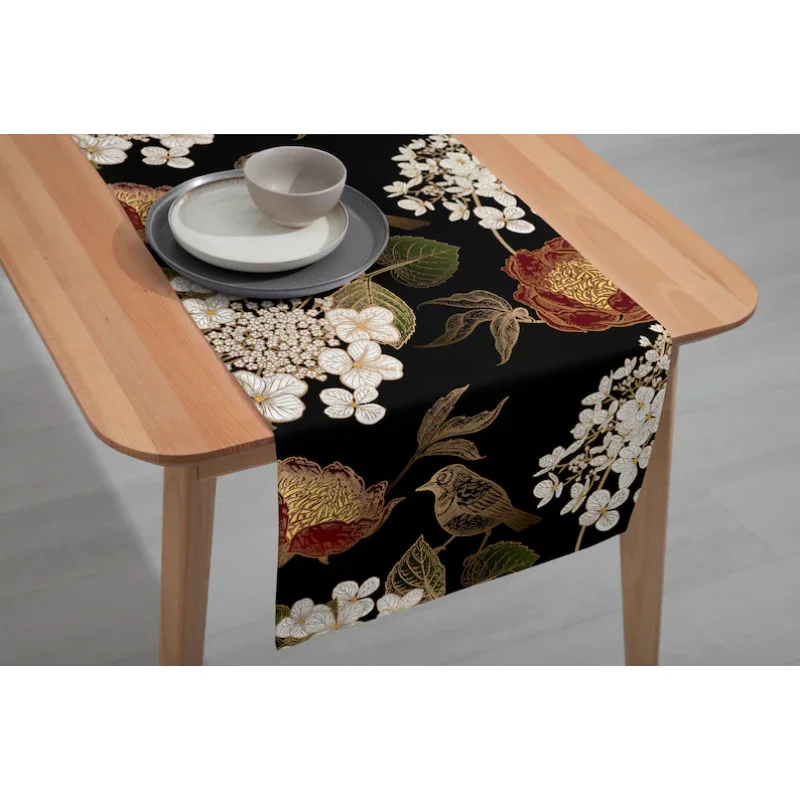 VIKAMA Chemin de table en velours noir avec motifs floraux et d'oiseaux, décoration de table luxueuse, chemin de table décoratif pour cuisine