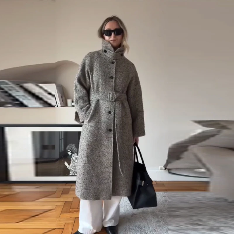 Chic High Neck Vintage Grey Woolen Overcoat For Women Long Sleeve Single Breasted Long Jacket 2025 New Lady Autumn Winter Coats